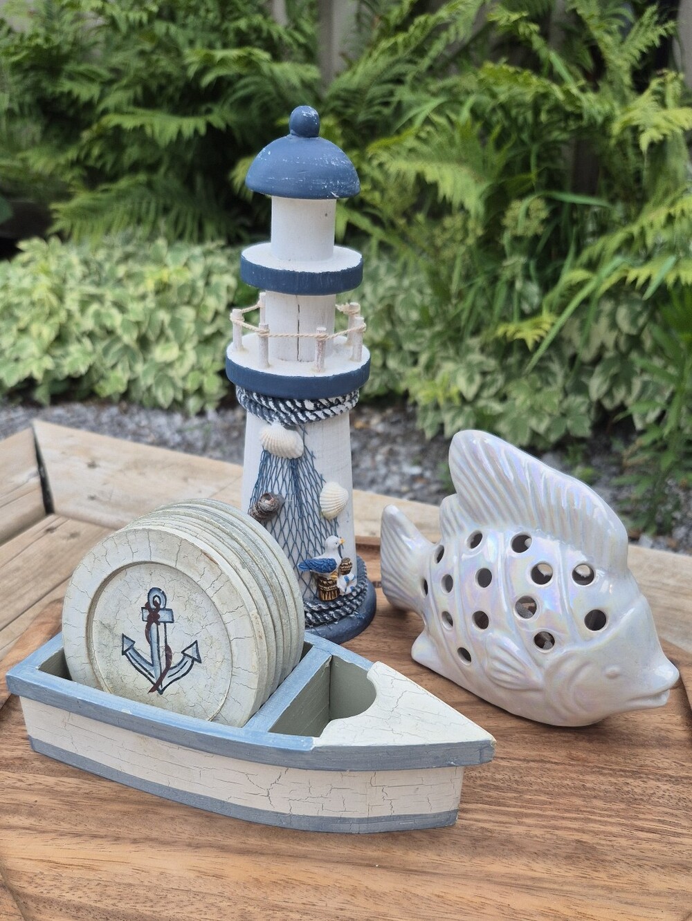 Nautical Beach House Decor 3pc Set - Lighthouse, Anchor Coasters & Fish